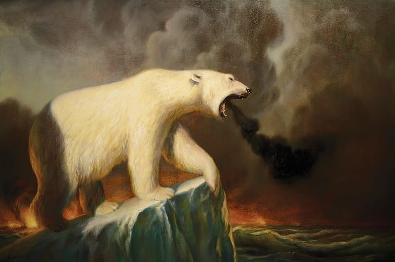 Global warming, art, cloud, martin wittfooth, painting, urs polar, pictura, smoke, polar bear, HD wallpaper