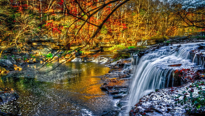 lovely autumn waterfall r, rocks, autumn, leaves, waterfall, r, trees, pool, HD wallpaper