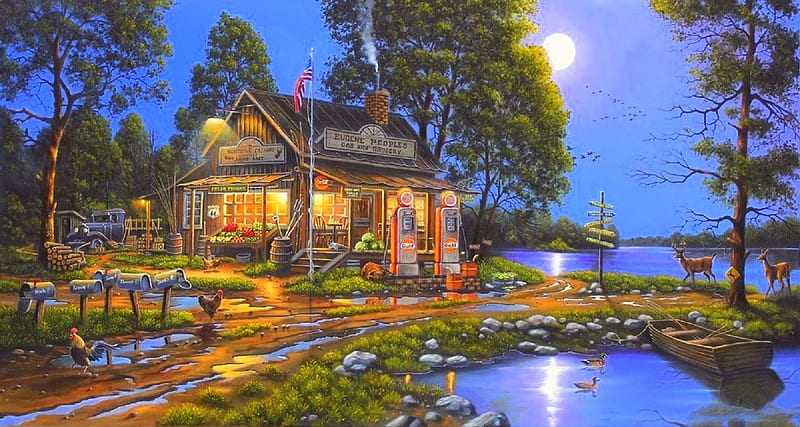 Remember When, moons, filling station, lakes, cottages, love four seasons, panoramic view, attractions in dreams, fruit shop, boat, paintings, nature, animals, HD wallpaper