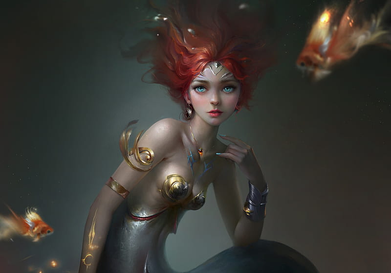 Ariel, frumusete, luminos, redhead, fish, golden, peste, mermaid, vara, fantasy, tong wang, summer, siren, HD wallpaper