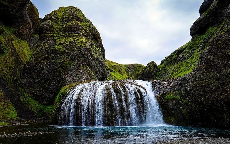 Iceland Mountains Green Grass Waterfall River, HD wallpaper