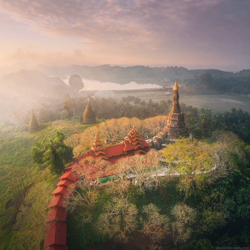 landscape, Myanmar, mist, sky, trees, Daniel Kordan, high angle, HD phone wallpaper