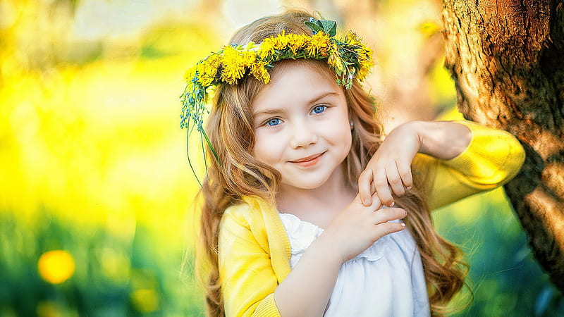 Blue Eyes Cute Little Girl Is Wearing White Yellow Dress And Wreath Standing In Blur Yellow Background Cute, HD wallpaper