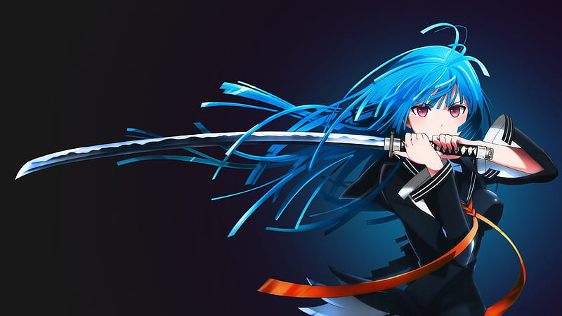 anime girl, katana, blue hair, Anime, HD wallpaper