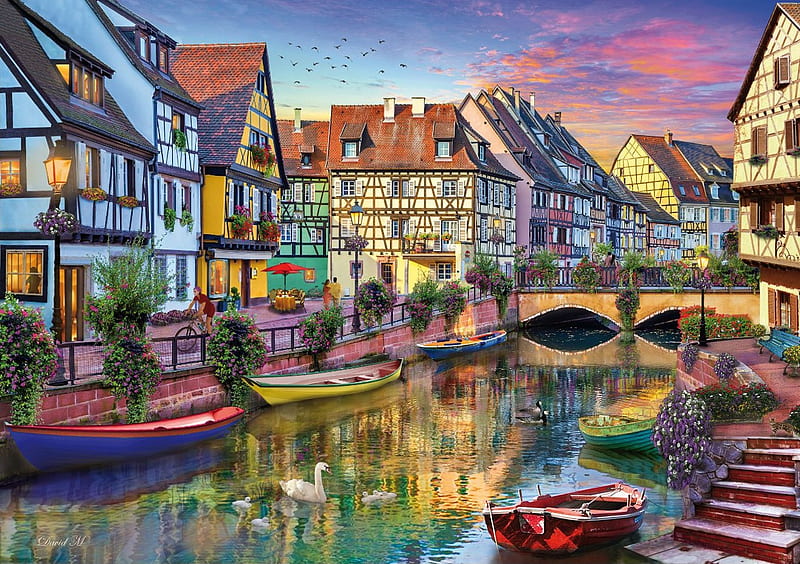 Colmar Canal, city, water, boats, france, bridge, painting, sunset, artwork, HD wallpaper