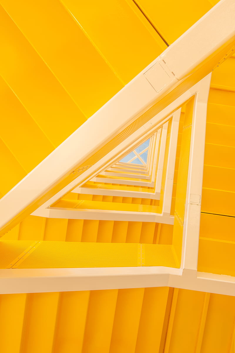 From below of modern geometric staircase made of yellow painted wooden panels inside modern house, HD phone wallpaper