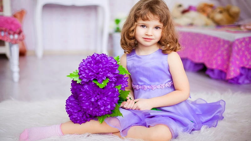 Cute Adorable Girl Baby Is Looking Up Wearing Purple Dress Cute