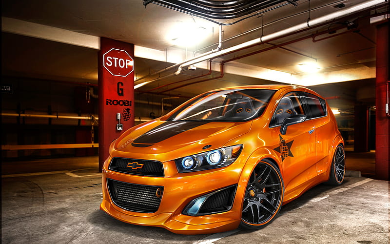 Chevrolet Spark, tuning, parking, stance, tunned Spark, Chevrolet, orange Spark, HD wallpaper