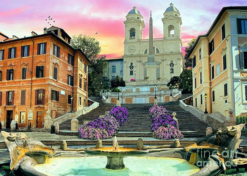 Piazza Di Spagna, fountain, houses, painting, flowers, Stairs, rome, church, artwork, HD wallpaper