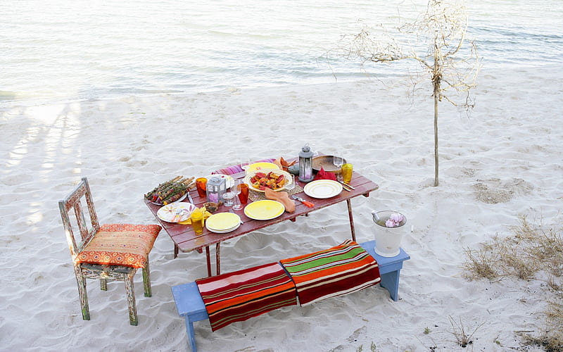 Enjoy, table, food, mat, plate, chair, sands, outdoor, HD wallpaper