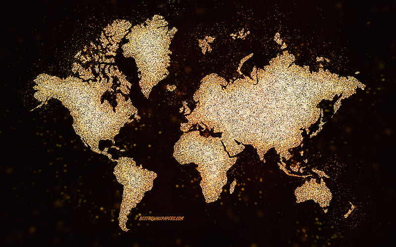 World glitter map, black background, World map, yellow glitter art, World map concepts, creative art, World yellow map, continents map, HD wallpaper