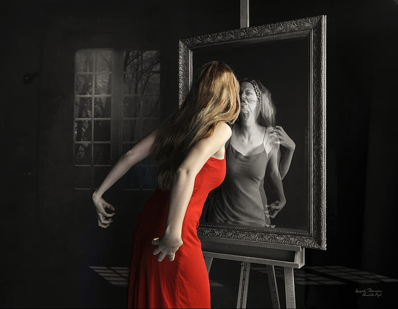 On the other side of the mirror, Mirror, Dress, Hair, Face, HD wallpaper