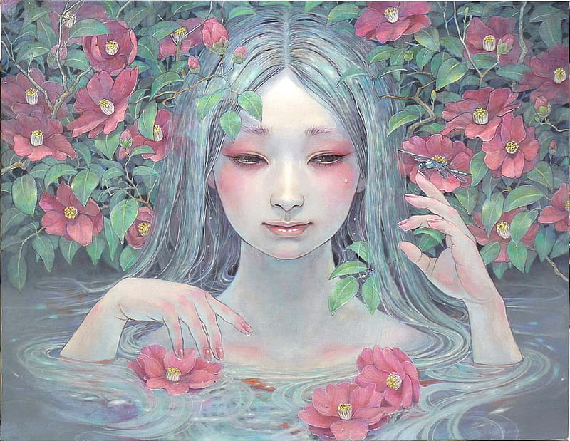 Mermaid, frumusete, luminos, sirena, water, girl, green, summer, flower, asian, chalk, mihohirano, pink, HD wallpaper