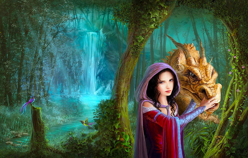 Lady And Her Dragon Pretty Forest Art Birds Bonito Woman Dragon Fantasy Hd Wallpaper 0989