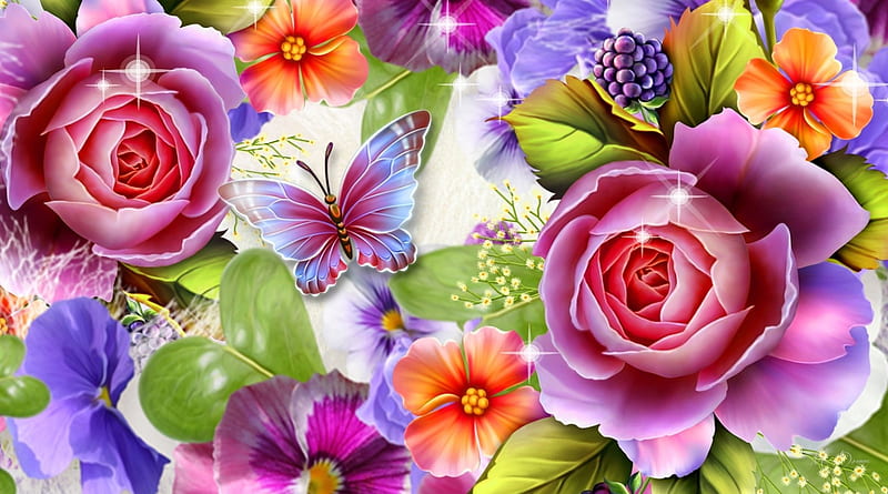 Roses Pansies and Butterfly, colorful, butterfly, summer, pansies ...