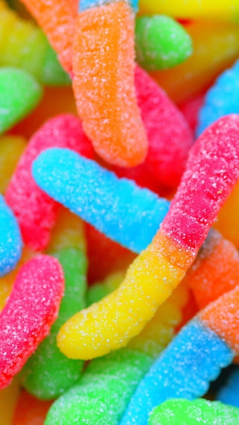 Gummy worms , candy, dulces, food, jelly, neon, HD phone wallpaper