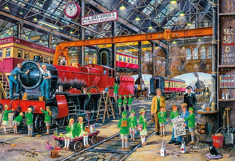 The School Outing, depot, steam, engine, school, beeching, painting, HD wallpaper
