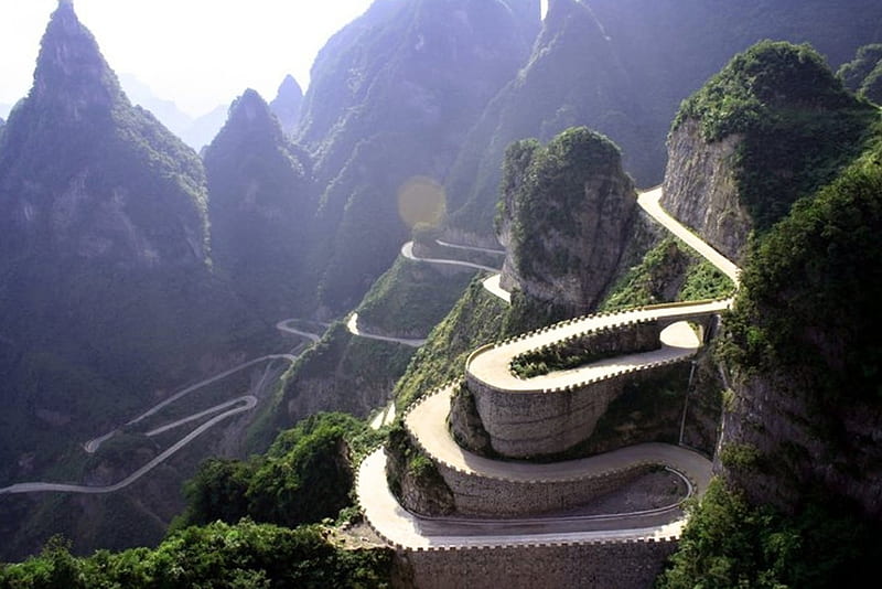 Tianmen Mountain Road, China, amazing, road, china, mountains, HD wallpaper
