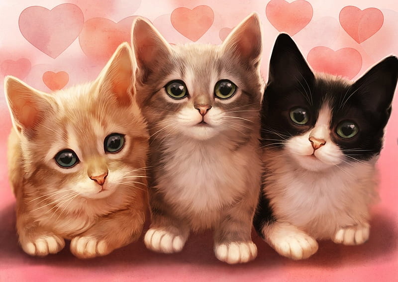 Kittens, luminos, valentine, cat, cute, fantasy, lhuin, trio ...