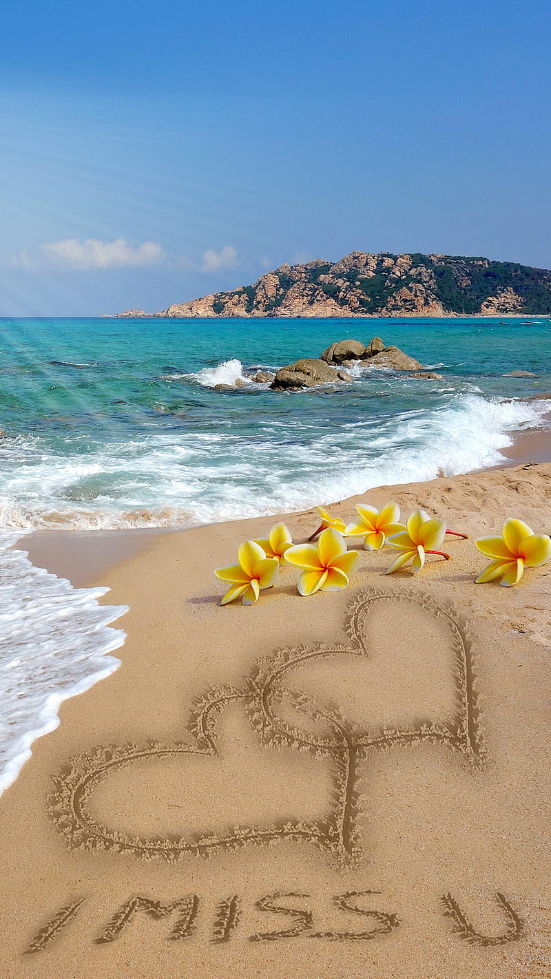 I Miss You, beach, corazones, love, plumeria, romantic, sand, sea, HD phone wallpaper