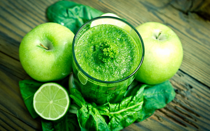 apple smoothies, close-up, fruits, breakfast, smoothie in apples, healthy food, lime, fruit smoothies, apples, HD wallpaper