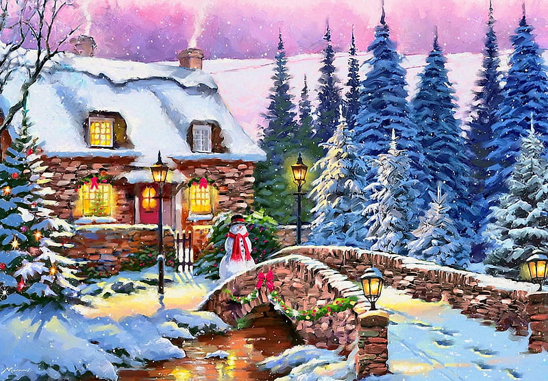 Awaiting Santa, cottage, bridge, snow, painting, river, snowman, trees, artwork, HD wallpaper