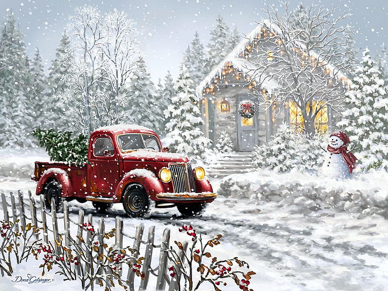 Prepare for Christmas, tree, cottage, snow, car, painting, snowman, artwork, winter, HD wallpaper