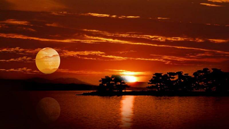 ~*~ Sun And Moon ~*~, red sunset, sunset, full moon, sum and moon, HD wallpaper