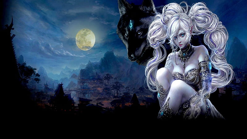 MOONLIGHT ANGEL, character, character full moon, Forsaken World, game, wolf, fullmoon, HD wallpaper