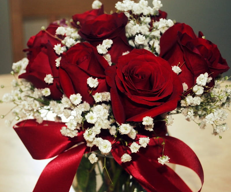 red, satin, tiny flowers, ribbon, roses, white, HD wallpaper