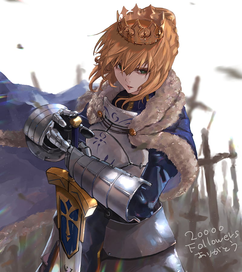 Fate Series, FGO, Fate/Stay Night, Fate/Zero, sword, women with swords, female warrior, long hair, blond hair, anime girls, Artoria Pendragon, Saber, braided hair, french braid, king, crown, Excalibur, 2D, hair in face, hair blowing in the wind, anime, fan art, bangs, green eyes, armored woman, blue dress, fur coats, cloaks, open mouth, parted lips, Pixiv, looking away, hair over one eye, KDM, HD phone wallpaper