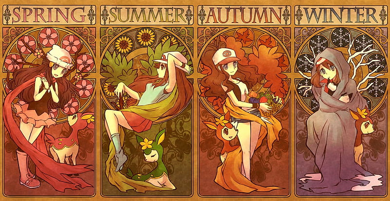 Pokemon seasons, autumn, anime, deerling, summer, spring, pokemon 