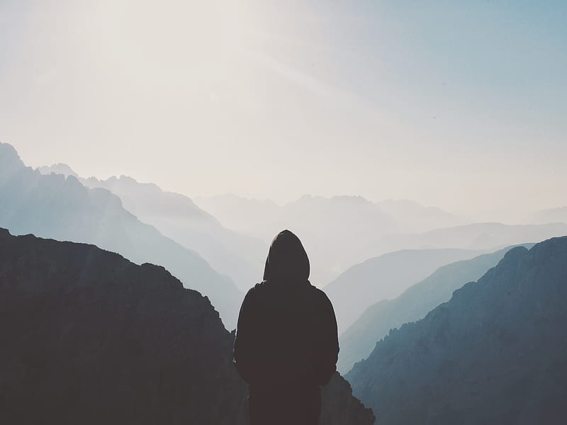 silhouette, hood, loneliness, mountains, fog, HD wallpaper