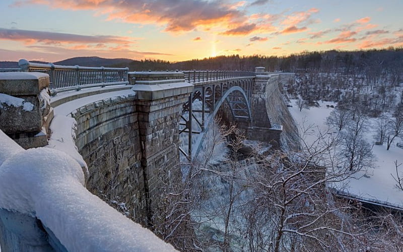 tall steel bridge over waterfall in winter, bridhe, waterfall, steel, sunset, winter, HD wallpaper