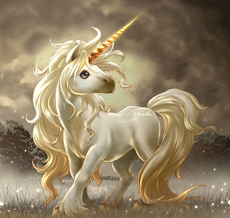 Young Unicorn, golden, unicorn, abstract, fanstasy, fantasy, horn, beauty, white, dream, HD wallpaper
