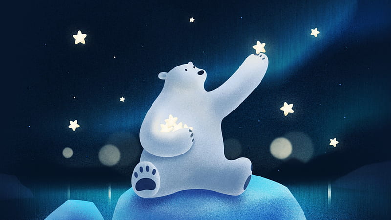 Wishing star, guihuahuzi, fantasy, luminos, white, blue, winter, star, polar bear, iarna, HD wallpaper