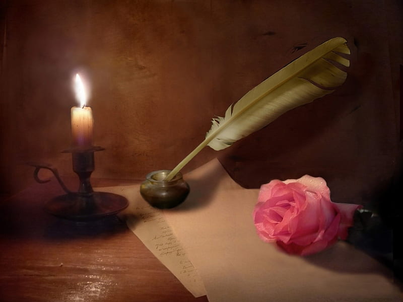Love Letter, rose, ink, romantic, feather, love, pink, letter, candle, pen, light, HD wallpaper