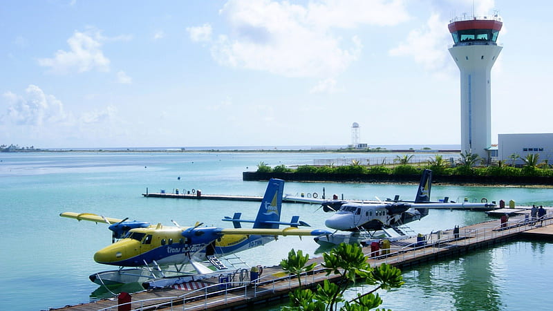 maldives seaplanes airport, seaplanes, airport, sea, tower, HD wallpaper