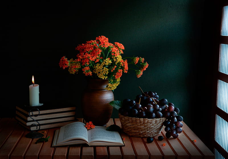 A guiding light, Grapes, Books, Bouquet, Candle, Still life, HD wallpaper