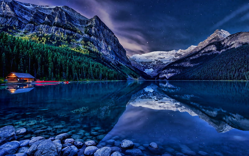 Lake Louise, night, Canadian landmarks, Banff National Park, Alberta, Canadian Rockies, Canada, beautiful nature, HD wallpaper