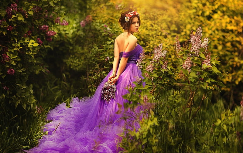 in purple dress, model, woman, girl, green, flower, HD wallpaper | Peakpx