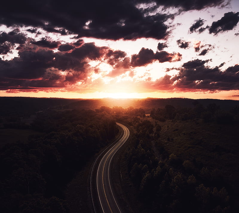 Beautiful Road Path Sun Setting Drone View , drone-view, road, nature, trees, sunset, HD wallpaper