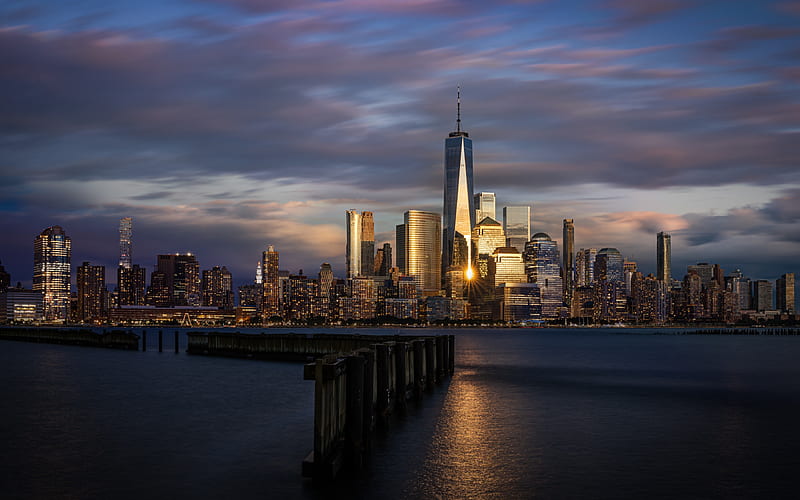 One World Trade Center, New York City, evening, sunset, skyscrapers, cityscape, modern buildings, USA, HD wallpaper