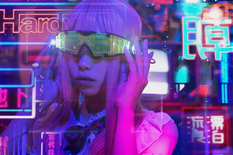Sci Fi, Cyberpunk, Face, Girl, Glasses, Purple Hair, HD wallpaper