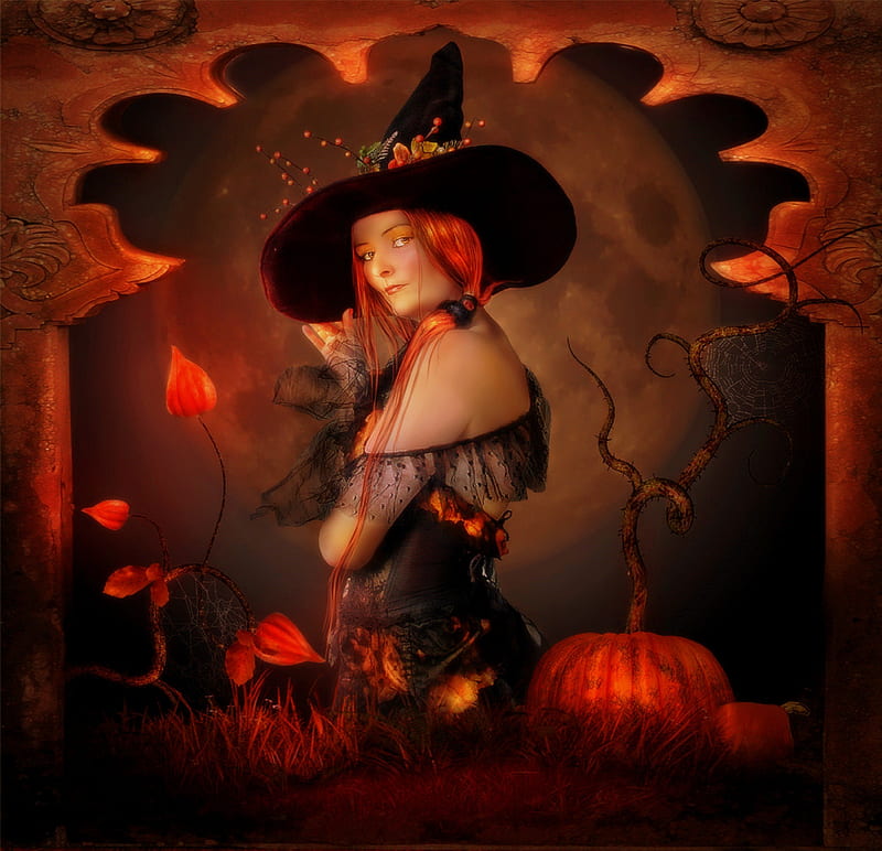 ~Redhead Witch Halloween~, redhead, halloween, digital art, women ...