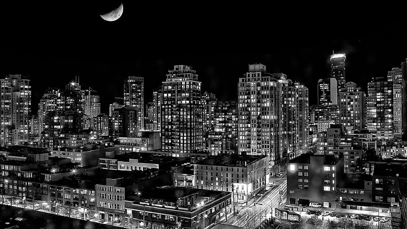 Black And White Vancouver City , city, buildings, moon, graphy, monochrome, black-and-white, HD wallpaper