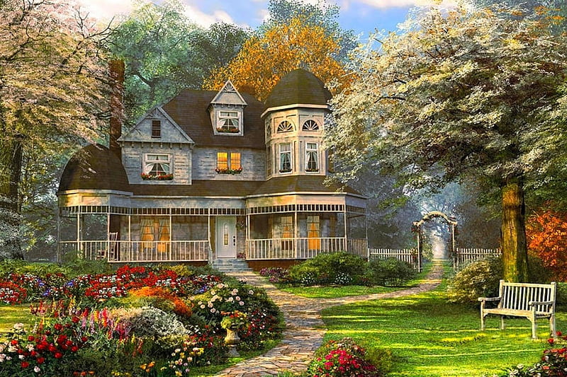 Victorian Home In Spring, cottages, paths, lovely, bench, bonito, spring, trees, painting, flowers, gardens, HD wallpaper
