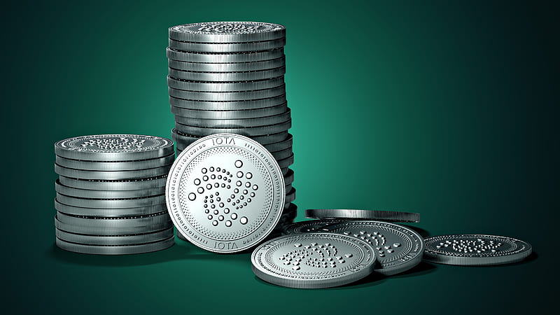 Cryptocurrency Silver IOTA Coins In Green Background Money, HD wallpaper