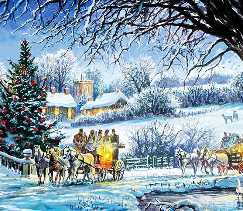 Sunday Morning After Church, christmas, houses, cart, trees, artwork, horses, snow, people, painting, village, victorian age, landscape, HD wallpaper