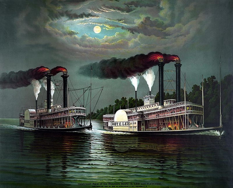 Race of the Steamers, water, paddle steamers, painting, river, steam, artwork, HD wallpaper